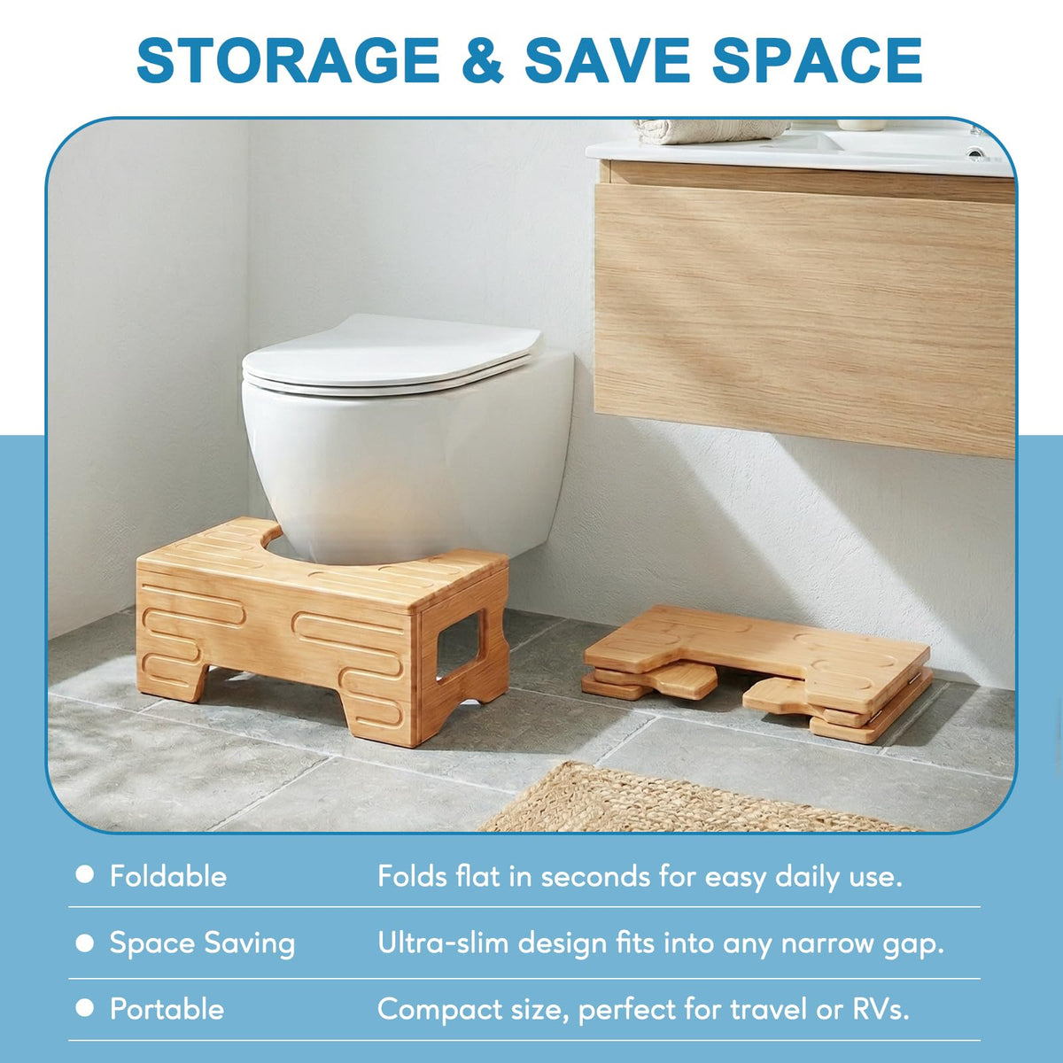 Foldable Toilet Stool–Squat Stool for Bathroom,Bamboo Potty Stool for Toddler,Teens & Adults,Adjustable 7" & 9" Heights Flip Design,Compact Space-Saving Poop Stool for Small Bathroom (Natural Color)