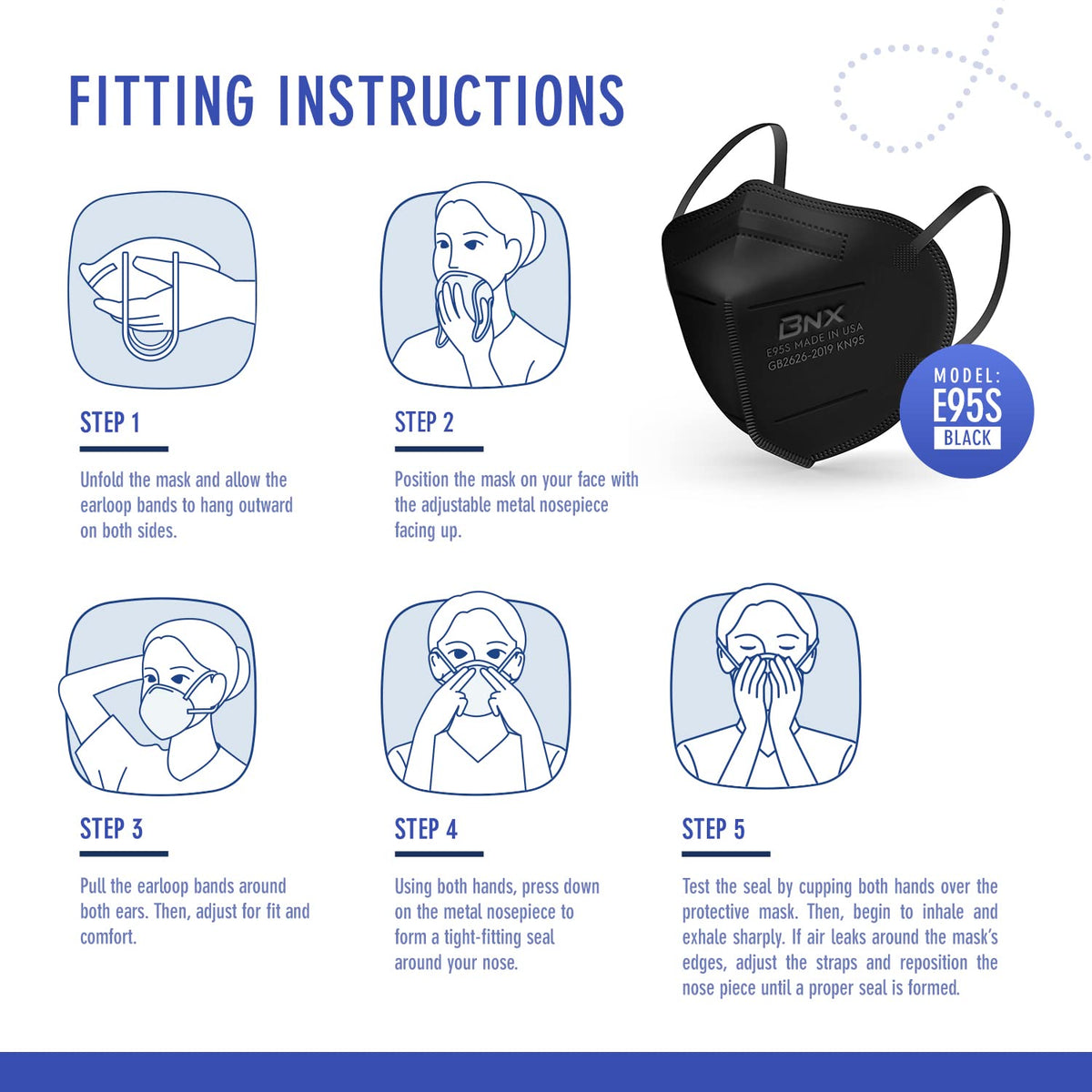 BNX 20-Pack Kids KN95 Face Mask, Disposable Particulate KN95 Mask Made in USA, Protection Against Dust, Pollen and Haze (20 Pack) (Earloop) (Model: E95S) Black