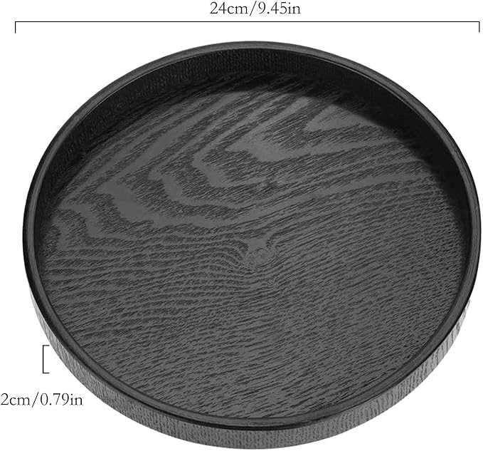 Round Wood Serving Tray, Solid Wooden Decorative Tray Non-Slip Tea Coffee Table Tray Snack Plate Food Meals Serving Tray with Raised Edges for Home Decor Kitchen Restaurant (9.5inch, Black)