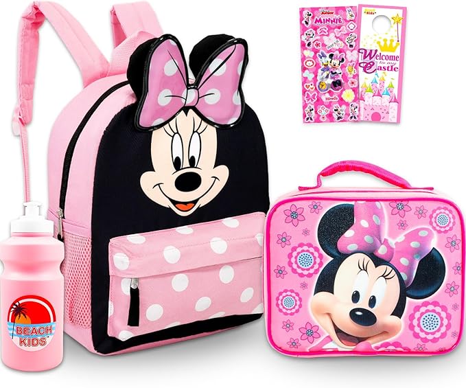 Disney Minnie Mouse Mini Backpack with Lunch Box Set - Bundle of 12" Backpack, Lunch Bag, Stickers, Water Bottle, More | Toddler Minnie School Supplies
