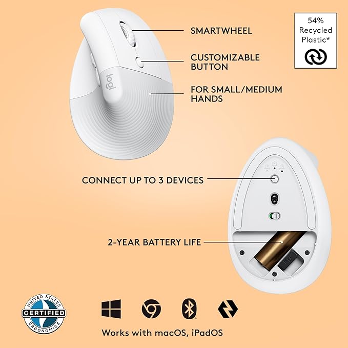 Logitech Lift Vertical Ergonomic Mouse, Wireless, Bluetooth or Logi Bolt USB Receiver, Quiet clicks, 4 Buttons, Compatible with Windows/macOS/iPadOS, Laptop, PC - Off White