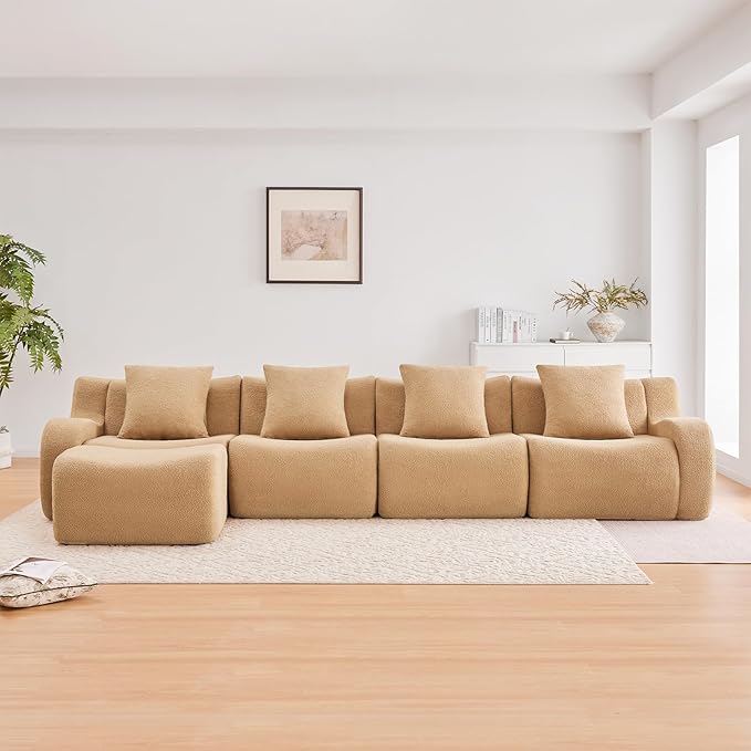 Camel L-Shaped Cloud Couch with 1 Ottoman, Modern Teddy Fabric Boneless Sectional Sofa in a Box, Modular Floor Sofa for Living Room, Deep Seat, No Assembly Required, Sofas para Sala