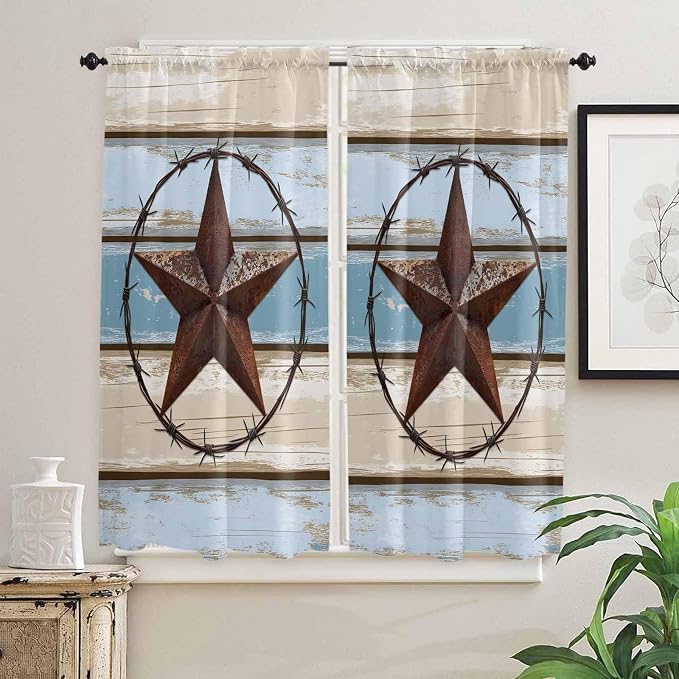 Vintage Western Star on Wood Grain Window Valance Curtains, Retro Wooden