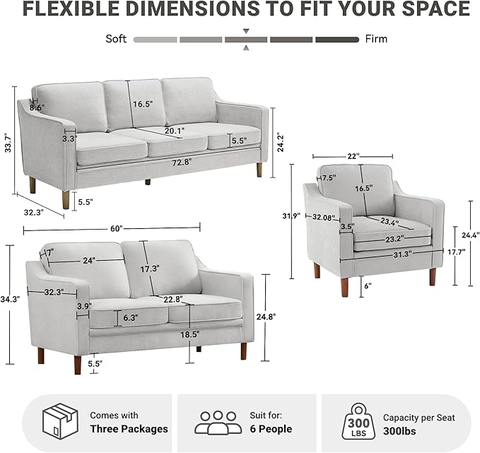 Kingfun Living Room Furniture Sets, 3 Seater Couch, Armchair and Loveseat, Mid Century Modern Sofa Set, Chenille Couch with Solid Wood Frame for Living Room & Bedroom, Silver Gray