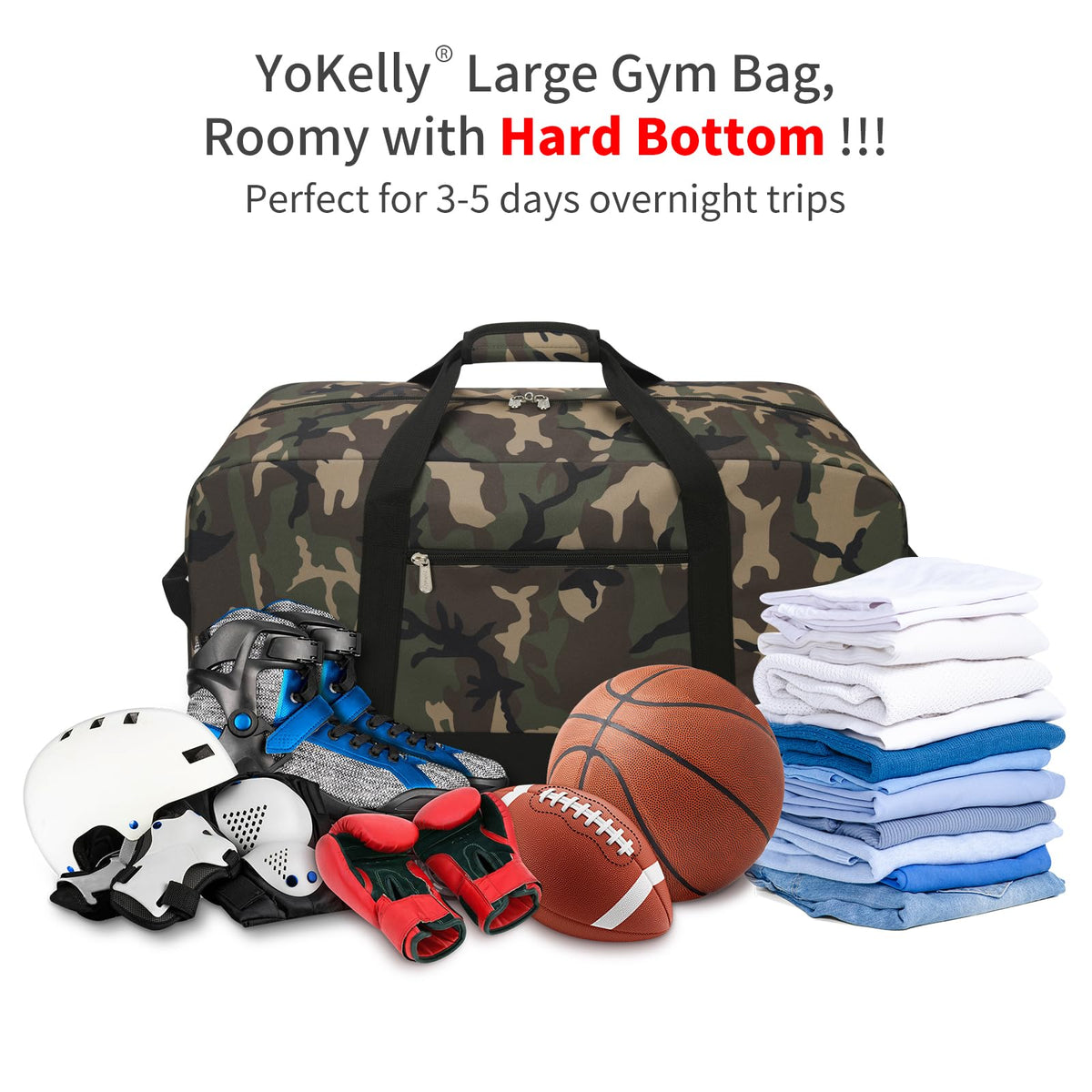 YoKelly 55L Large Duffle Bag for Men Travel - 25 inch Sports Duffel Bag with Hard Bottom - Camo