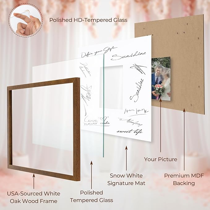 Axeman 14x14 Signature Picture Frame - Solid Oak Wood 14x14 Picture Frame With Mat to 5x7, Graduation Wedding Birthday Guest Book Party Signing, Hanging Hardware Included, Walnut