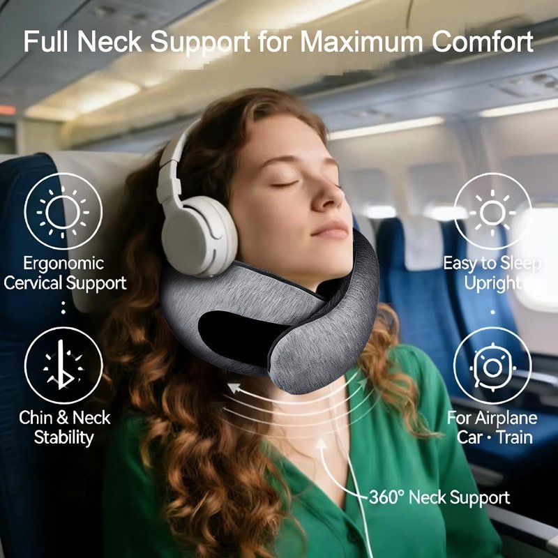 GongPath Travel Neck Pillow for Airplane, Memory Foam Neck Pillow with 360° Support, Adjustable Velcro, Breathable Washable Cover, Compact for Long Flights, Car, Train, Office, Light Grey(Dark Grey)