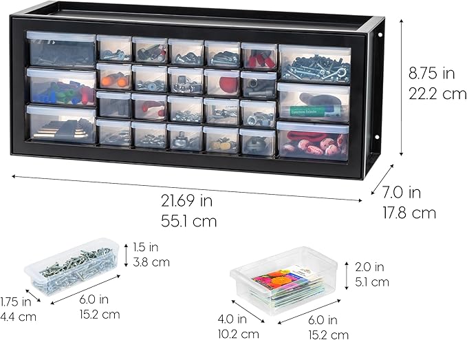 IRIS USA Plastic Storage Drawers, 26-Drawer, Stackable Teacher Toolbox, Small Parts Organizer Cabinet for Sticker Crayon Marker Bead Balloon Building Bricks Tool Hardware, Garage Storage Bins, Black