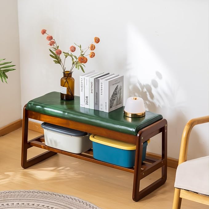 SOBIBO Solid Wood Shoe Bench, 2-Tier Entryway Bench with Cushion and Flip-Open Storage Box, Mid-Century Modern Shoe Bench Rack for Hallway, Mudroom(Green, 31.5'')