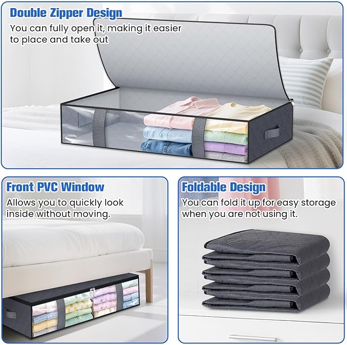 TasticTotes Under Bed Storage Containers, 4 Pack Blanket Storage Bags, Collapsible Storage Bags with Big Zippers, Clear Front, Shoe Storage and Organization for Clothes, Comforter, 75L, Grey