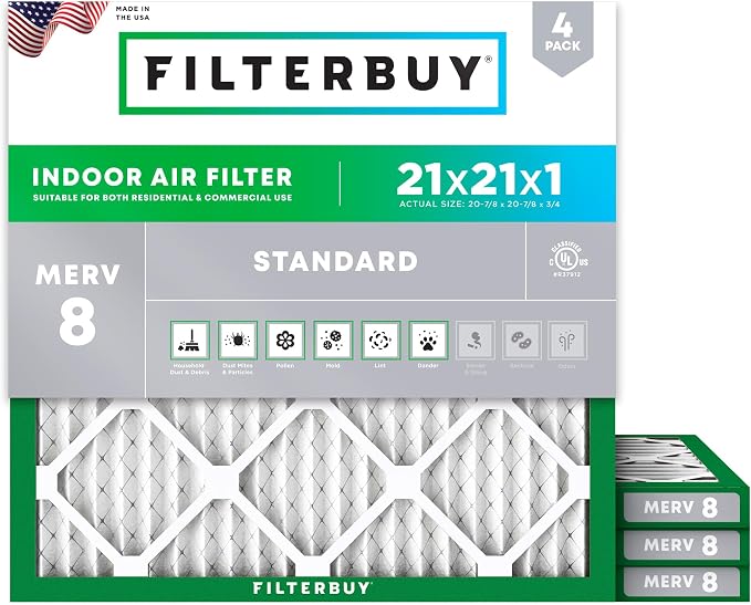 Filterbuy 21x21x1 Air Filter MERV 8 Essential Dust & Allergy Defense,