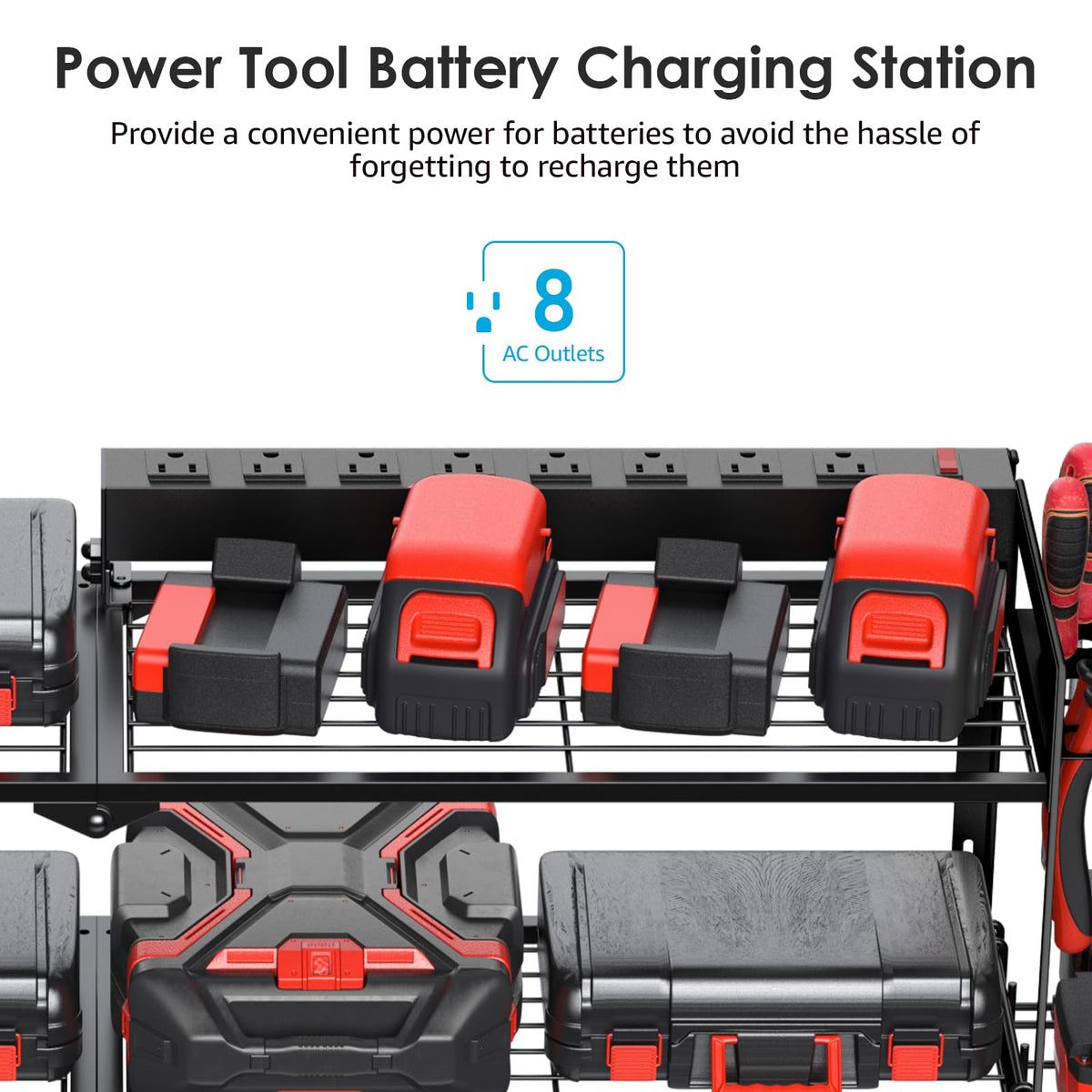 CCCEI Garage Tools Storage with Charging Station. Power Tool Battery Organizer Utility Shelf with Power Strip. 4 Drills Holder Wall Mount Rack, Black.