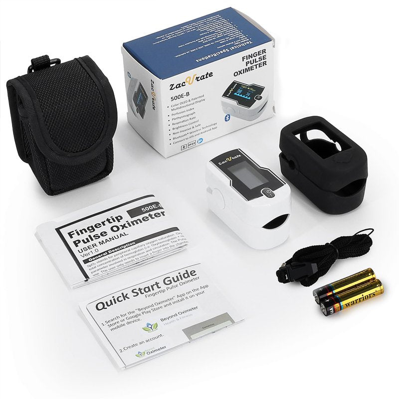 Zacurate 500E-B Wireless Bluetooth Fingertip Blood Pulse Oximeter Monitor with FREE App, SpO2, Heart Rate, Plethysmograph, and Perfusion Index Finger Oxygen Sensor Meter