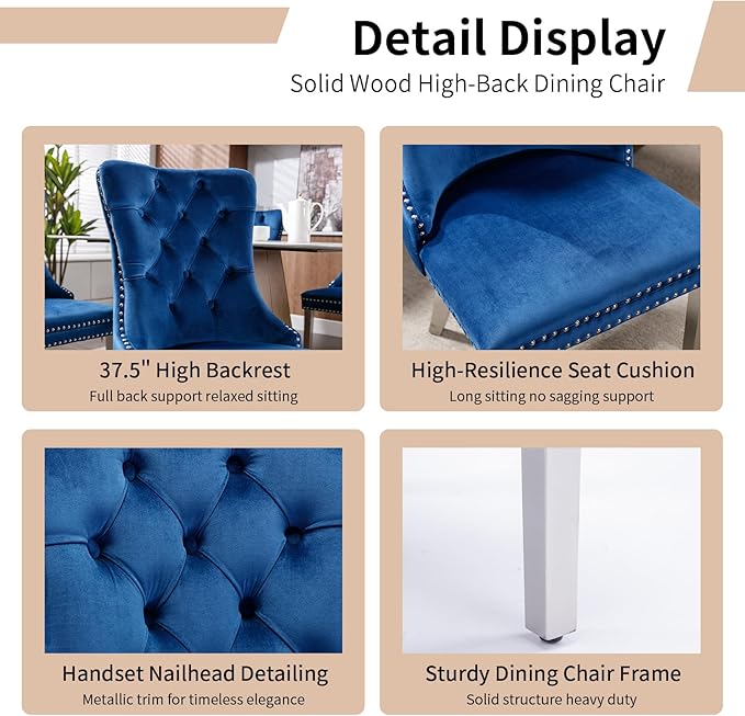 Luxury Upholstered Dining Chairs Set of 2, Blue Kitchen Chair with Silver Metal Legs, Velvet Tufted Back Dining Chair, Sillas de Comedor, Modern Kitchen & Dining Room Chairs (Blue, 2 Pcs)