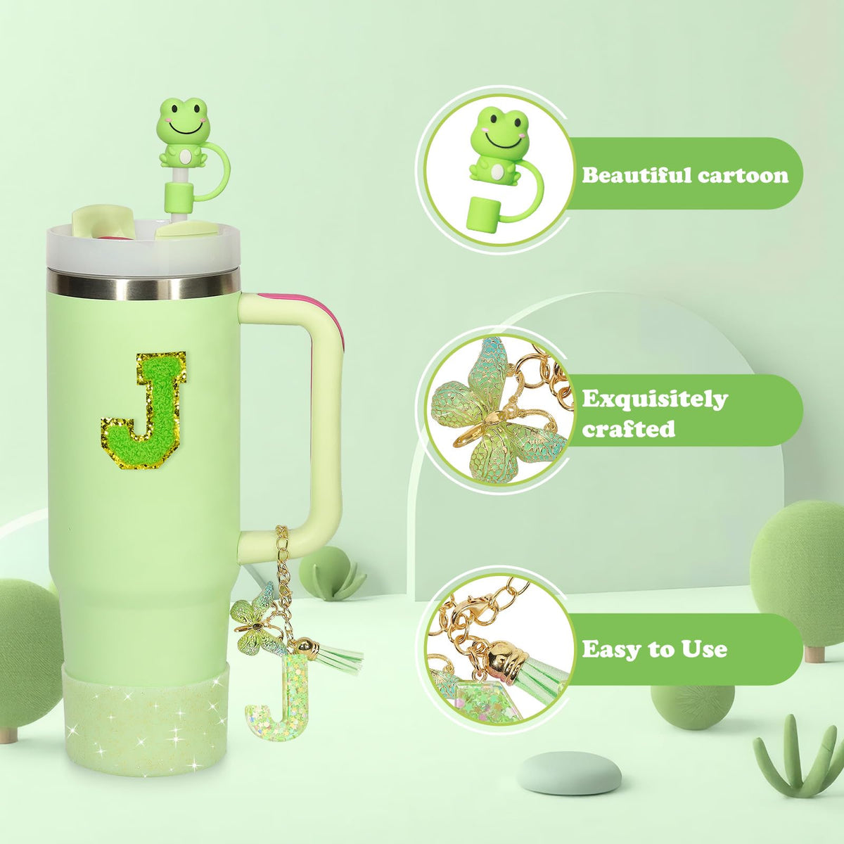 Liangang 8PCS Green Cup Accessories Set For Stanley 30oz 40oz,Including Boot,Spill Proof Stopper,2PCS Stanley Straw Cover and 2PCS Sticker Letter (Letter J)