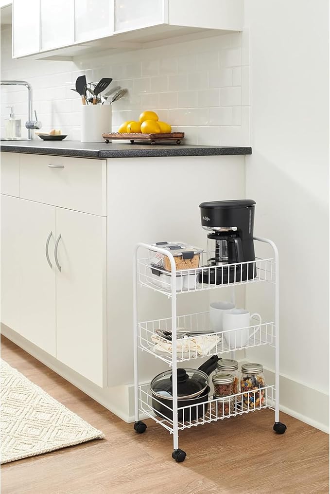 Rubbermaid 3-Tier Shelving Wheeled Organizer, Wire Adjustable Metal Storage Cart, for Office/Kitchen/Bedroom/Laundry Home Use, White