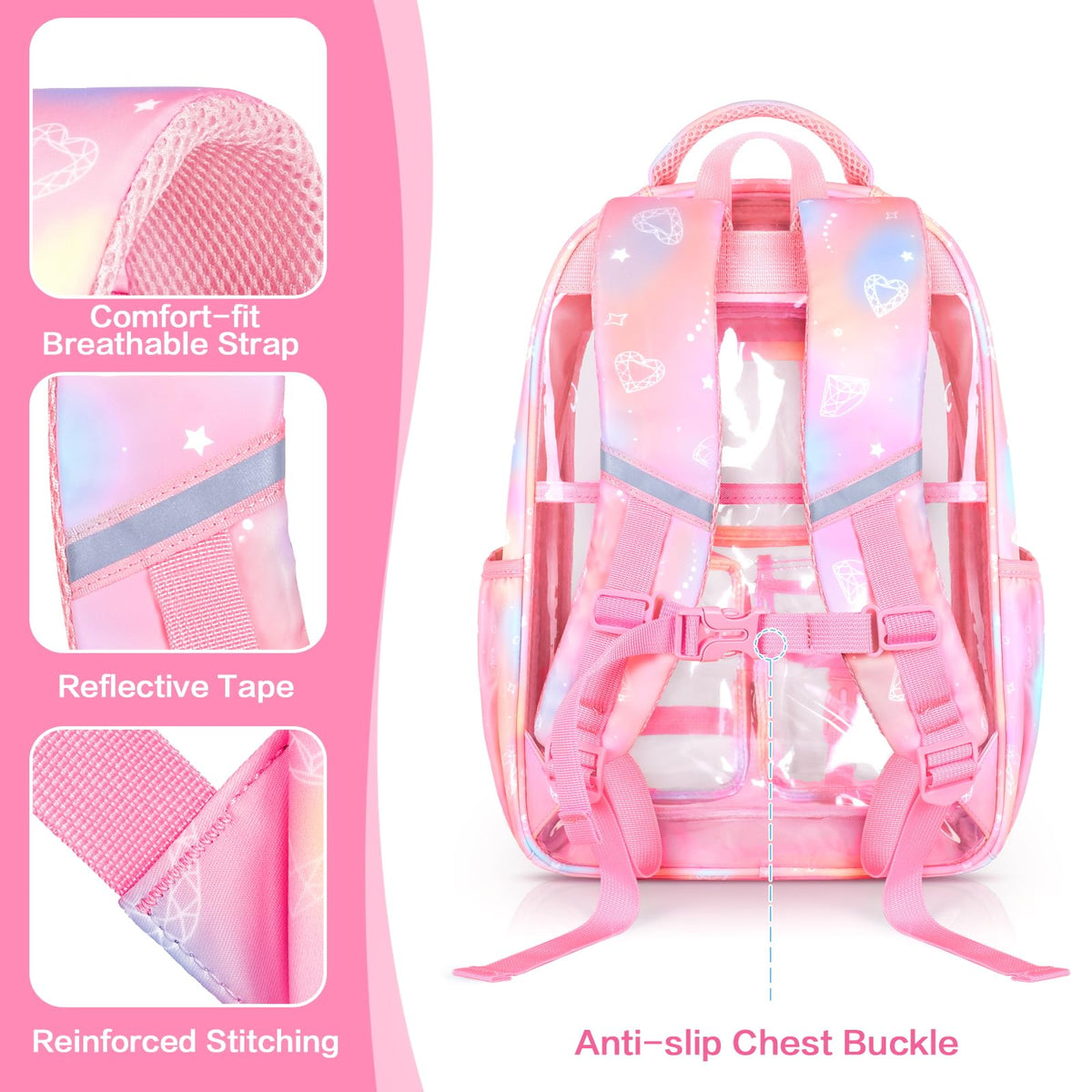 PAMANO Clear Backpack for Girls, Heavy Duty Transparent Bookbag for Kids, See Through Cute Backpacks for Elementary Primary School Work Sport Travel - Pink