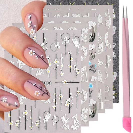 Flower Nail Stickers for Nail Art 5D Embossed Engraved Nails Decals 3D Spring Summer Accessories White Blue Self-Adhesive Nails DIY Design Decoration for Women Girls（6 Sheets