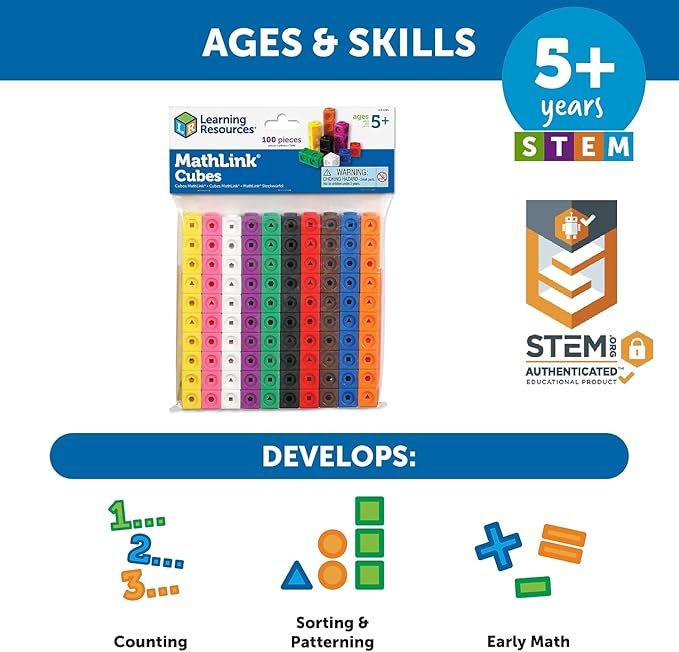 Learning Resources MathLink Cubes - Set of 100 Cubes, Ages 5+ Kindergarten, STEM Activities, Math Manipulatives, Homeschool Supplies, Teacher Supplies