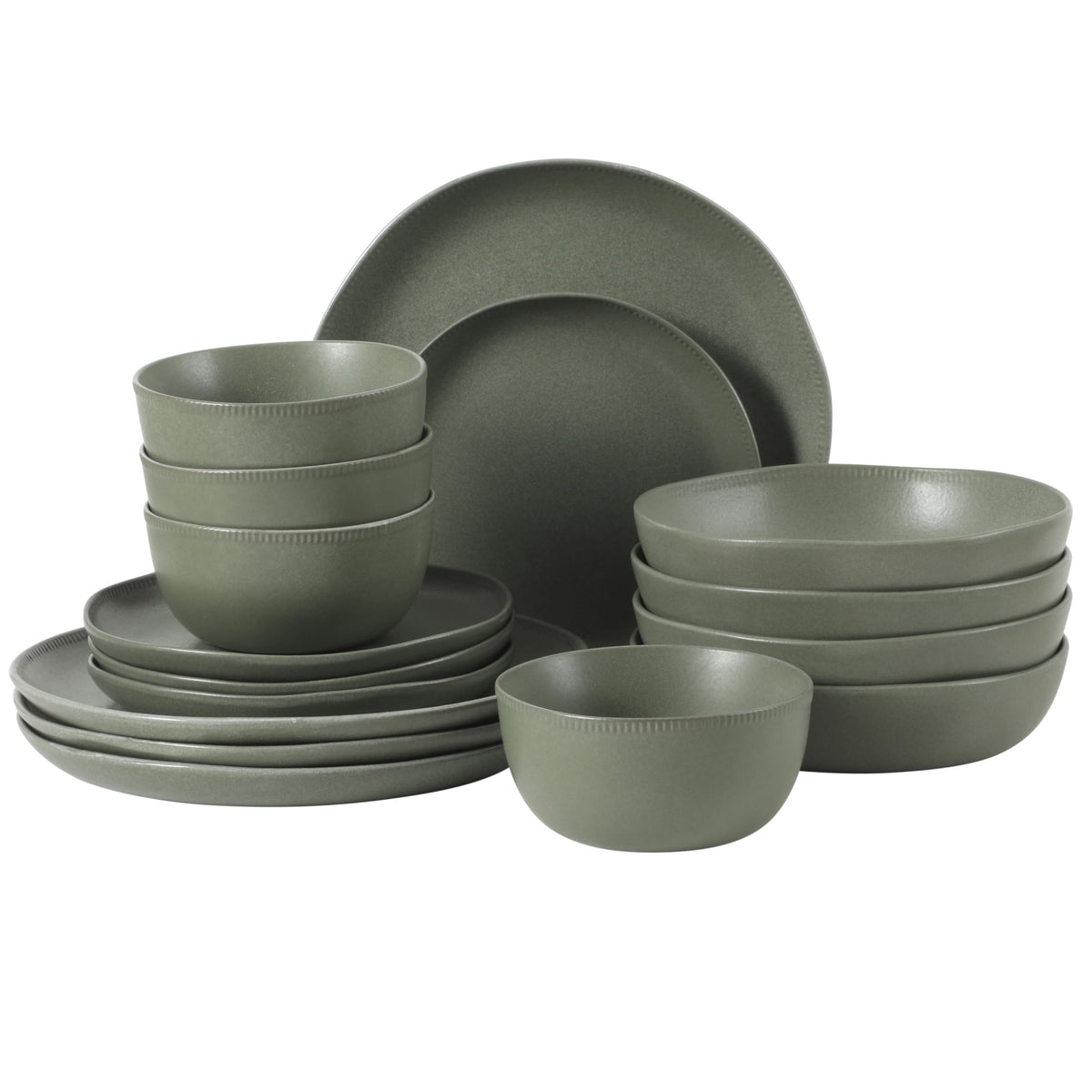 Gibson Elite Menlo Park 16-Piece Pottery Clay Stoneware Dinnerware Set – White Reactive Glaze, Embossed Plates and Bowls W/Pasta Bowl, Service for 4 – Microwave & Dishwasher Safe