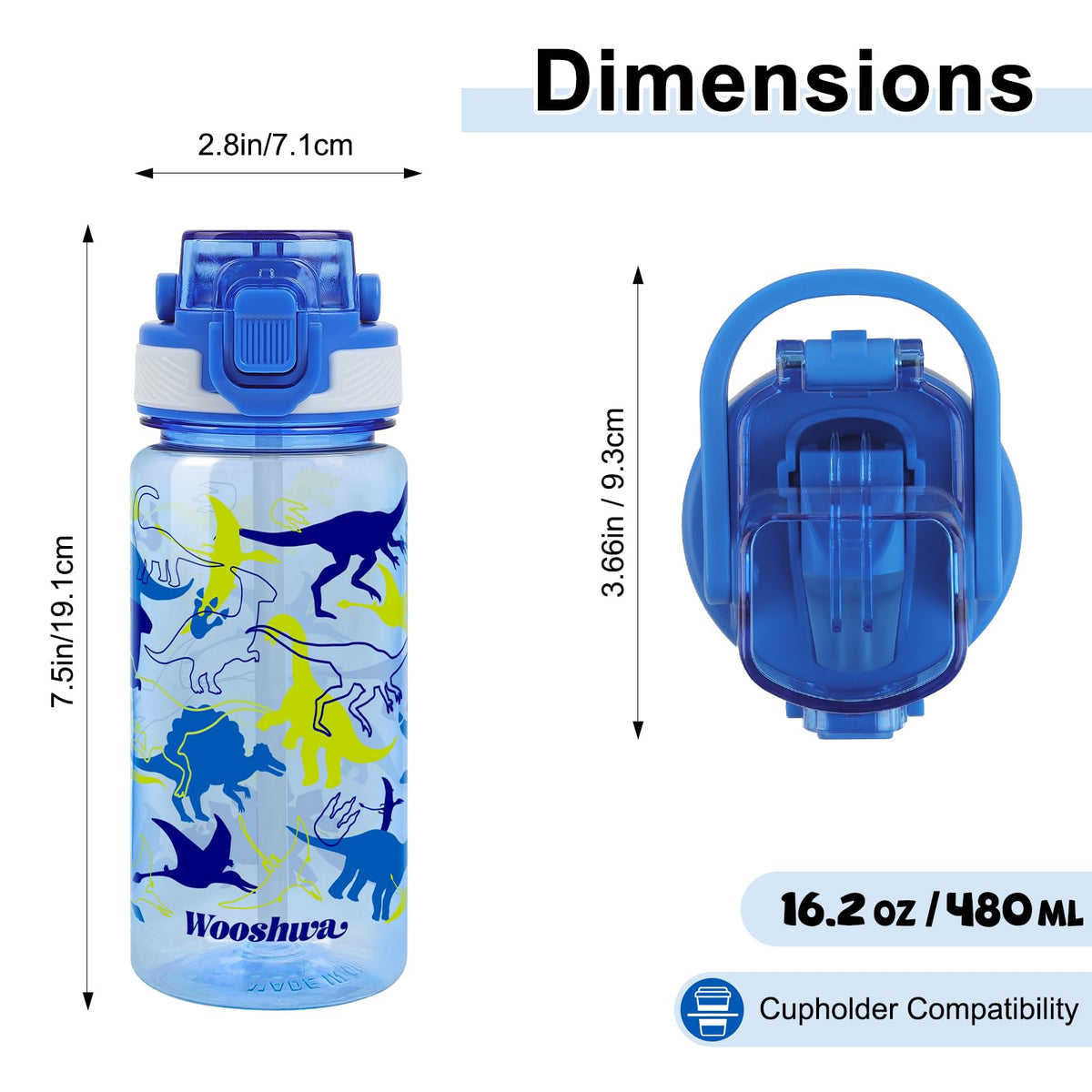 wooshwa Kids Water Bottle for School, 16 Oz Plastic Water Bottle with Silicone Spout and Pop-Up Cover, BPA Free & Dishwasher Safe (Dinosaur/Spacecraft)