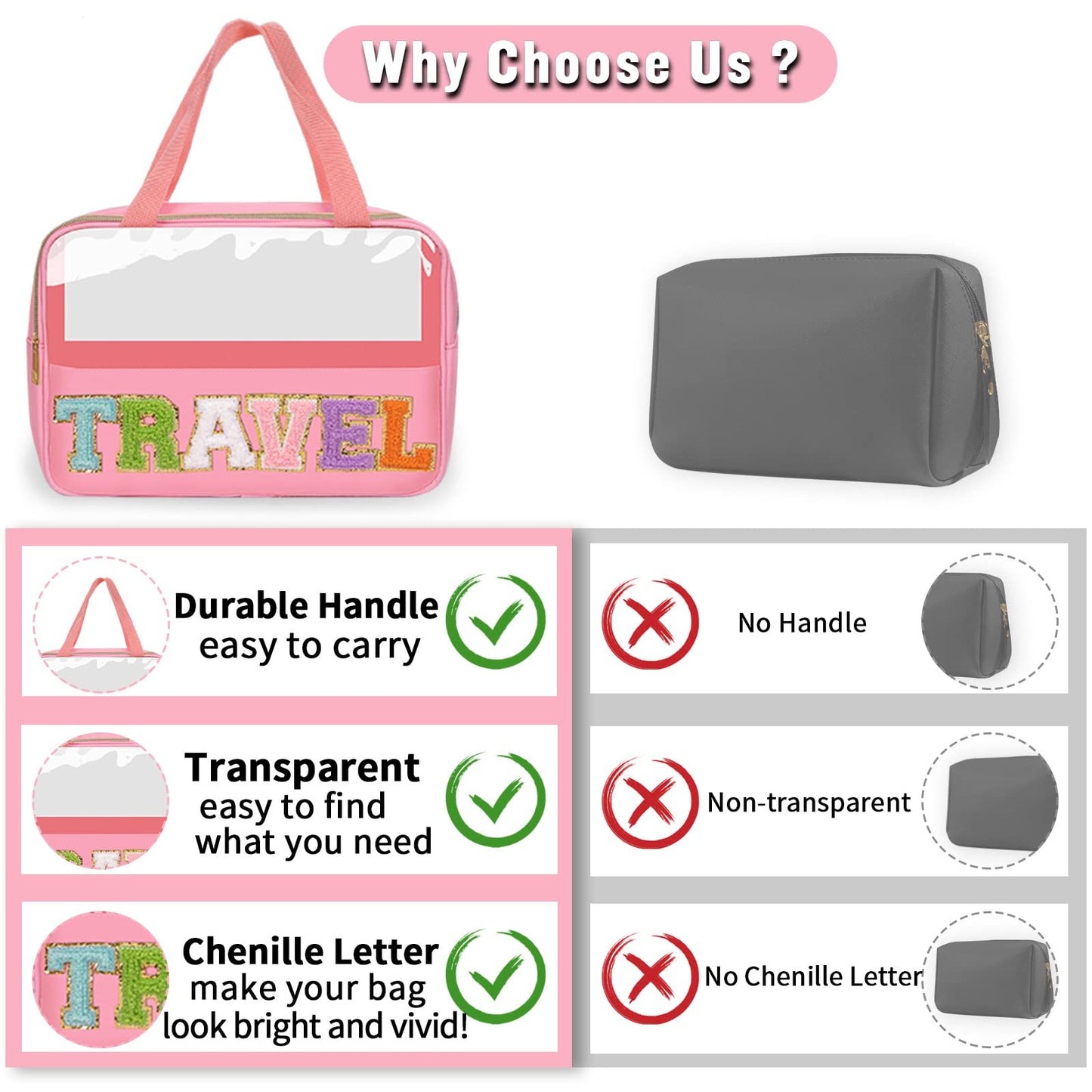 Preppy Clear Travel Makeup Bags with Chenille Letter Patches, Travel Essentials Large Clear Make up Bag Zipper Pouch with Handle, Waterproof Nylon Cosmetic Toiletry Storage Tote for Women(TRAVEL-Pink)