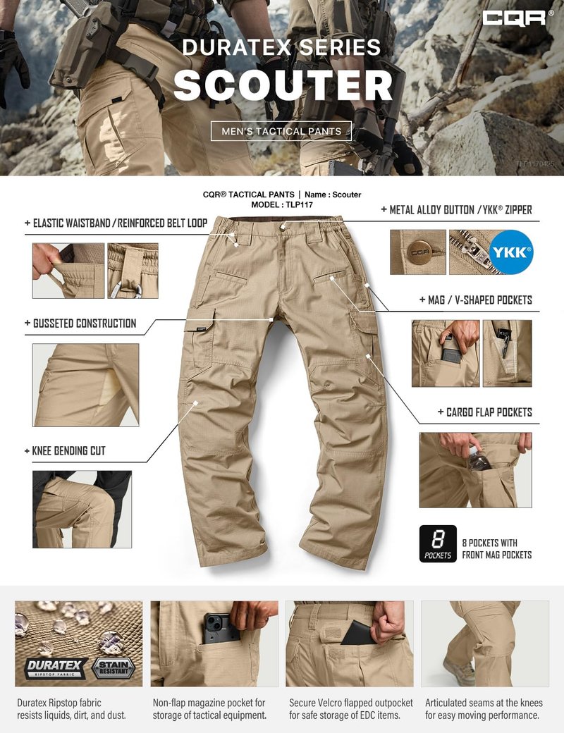 CQR Men's Tactical Pants, Water Resistant Ripstop Cargo Pants, Lightweight EDC Work Hiking Pants, Outdoor Apparel, Raider Khaki, 34W x 34L