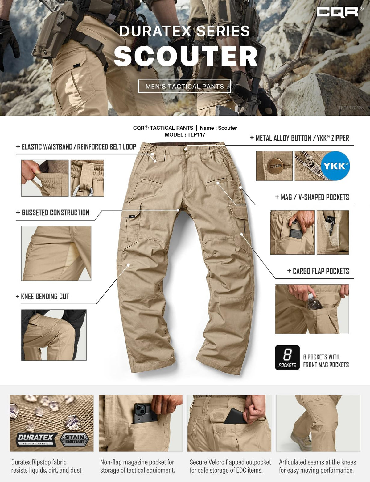 CQR Men's Tactical Pants, Water Resistant Ripstop Cargo Pants, Lightweight EDC Work Hiking Pants, Outdoor Apparel, Raider Khaki, 42W x 32L