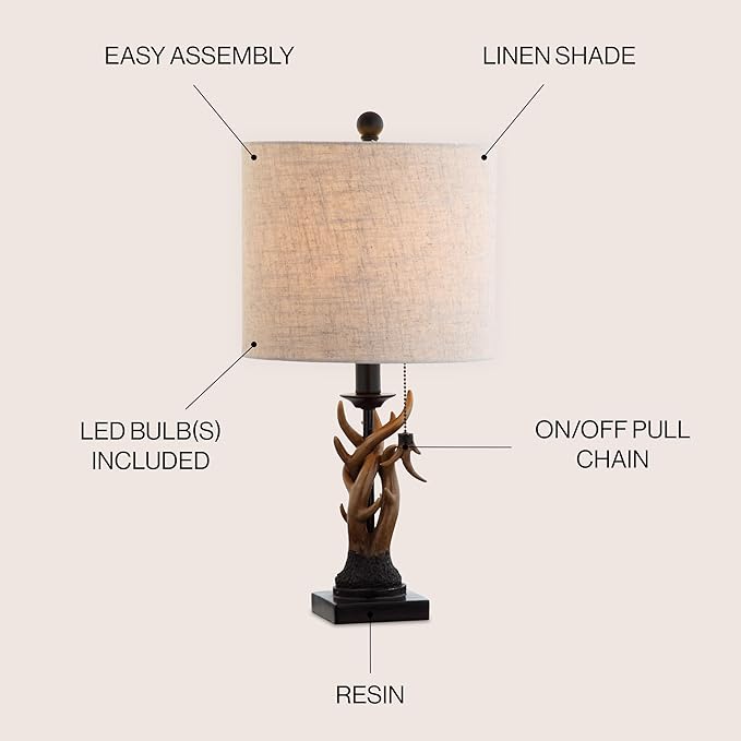 JONATHAN Y 20.5" Brown Rustic Antler Table Lamp for Bedroom Farmhouse Decor, Mini Faux Antler Desk Lamp with Gray Linen Shade, Lodge Cabin Nightstand Lamp, LED Bulb JYL1031A