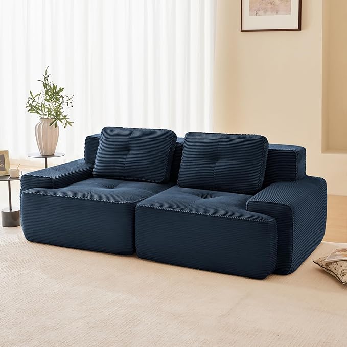 80" Modern Corduroy Boneless Love Seat Couches, 2 Seater Large Sectional Couches for Living Room, Blue Cloud Modular Sectional Sofa, Memory Foam, Extra Deep Loveseat, No Assembly