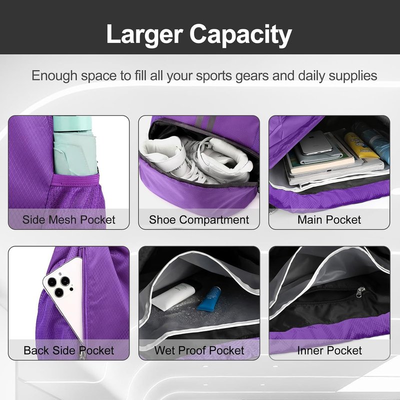 Hoedia Sports Drawstring Backpack - String Swim Gym Bag with Shoes Compartment and Wet Proof Pocket for Women and Men