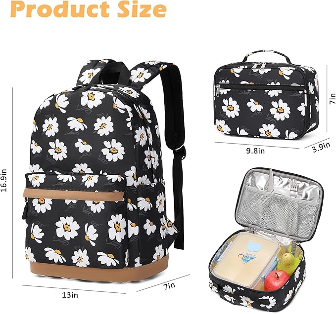 Girls Backpack with Lunch Box for Middle Elementary School,17 inch Kids School Backpack with Lunch Bag Set Black Daisy Lightweight