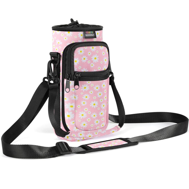 Nuovoware Water Bottle Carrier Bag, 25oz/32oz Bottle Pouch Holder, Adjustable Shoulder Hand Strap 2 Pocket Sling Neoprene Sleeve Sports Accessories for Hiking Travelling Camping, PinkDaisy