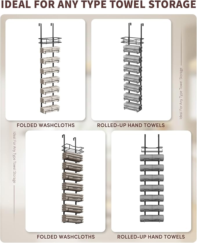 Hanging Towel Racks for Bathroom No Drill - Over The Door 8-Tier Bath Towel Storage Organizer for Small Bathrooms - Back Door Large Tiered Towel Holder Hanger for Rolled Towels RV Camper BLACK
