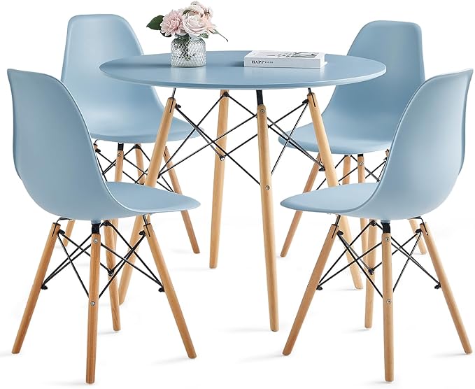 Round Dining Table Set for 4 35.5" Wood Dinner Table Circle Dining Table Kitchen Table Chairs Set of 4 with Wood Strip Base for Kitchen Living Room Space Saving Apartment(Blue)