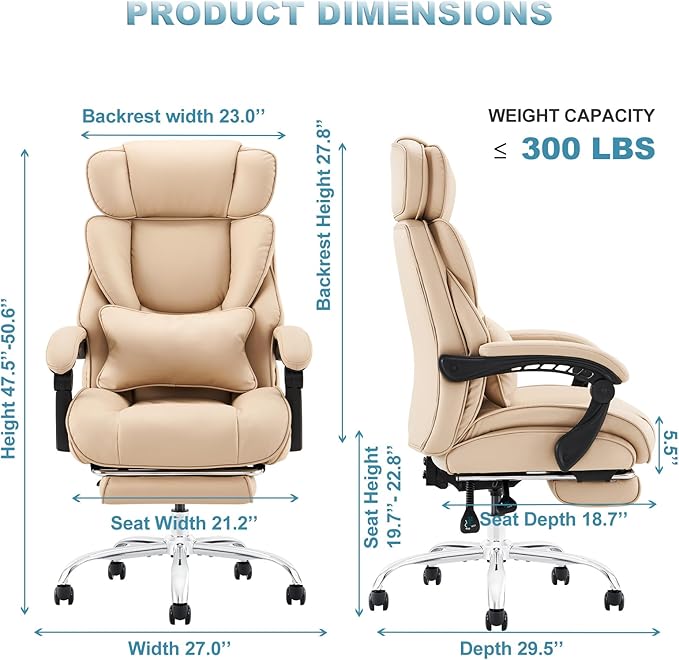 COLAMY Office Chair with Retractable Footrest, Ergonomic High Back Design Executive Computer Desk Chair with Removable Lumbar Pillow, 90-135°Reclining,Thick Bonded Leather for Home Office,2pcs-Khaki
