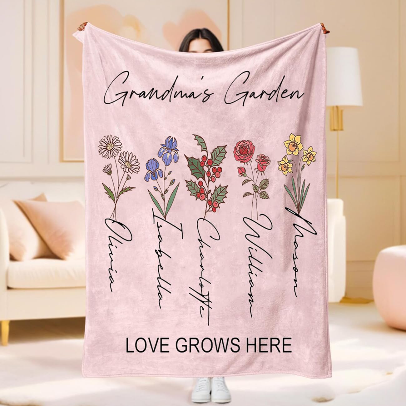 Ships Next Day, Personalized Blanket Gift for Mom, Grandma, Handmade Custom Name Blankets with Birth Month Flowers, Customized Blankets and Throws for Girls Mother's Day Birthday Gifts (Style 3)