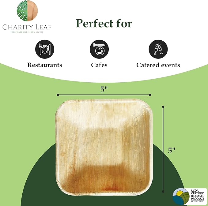 Charity Leaf Disposable Palm Leaf 5" Square Bowl (200 pcs) Dipping Bowls | Bamboo Like| All Natural and Biodegradable | Charcuterie Boards, BBQs, and Parties
