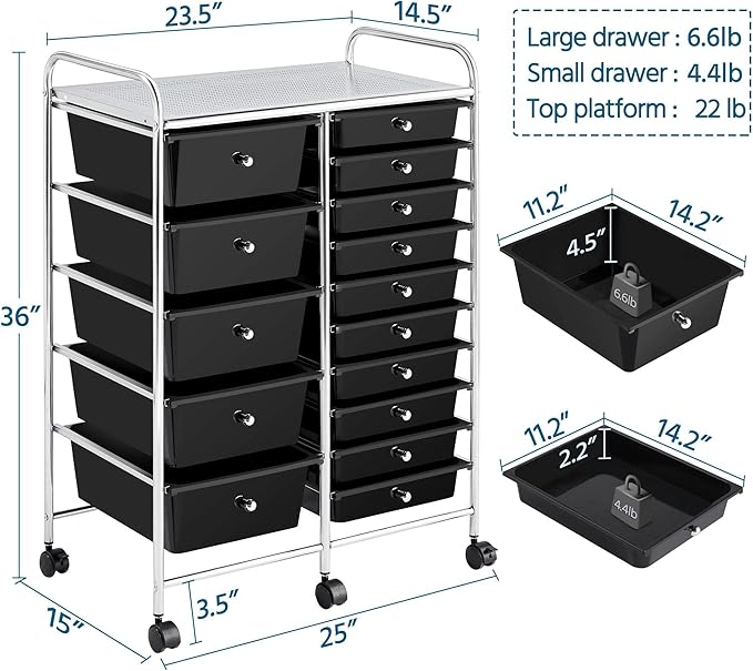 Yaheetech 15 Drawers Rolling Storage Cart Multipurpose Mobile Rolling Utility Storage Organizer Cart Tools Scrapbook Paper Organizer on Wheels, Black