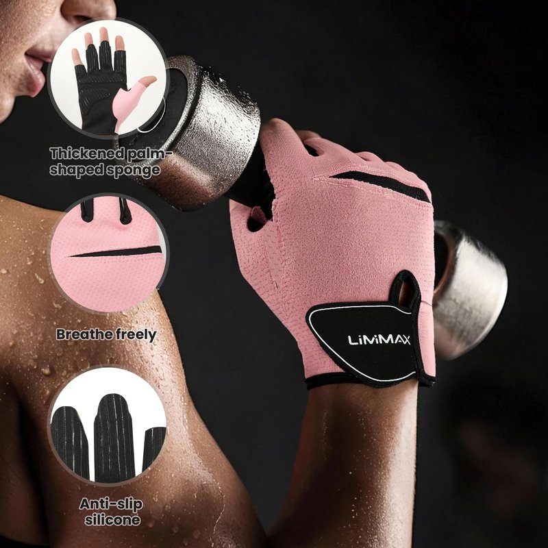Premium Breathable Fitness Gloves by LiMiMAX - Half Finger Pink Gym Gloves for Men & Women, Non-Slip Padded Palm & Adjustable Wrist Support for Weightlifting, Cycling, Crossfit