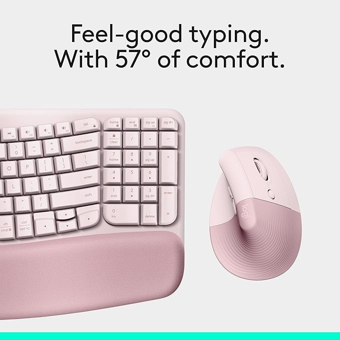 Logitech Wave Keys & Lift Vertical Mouse - Ergonomic Wireless Keyboard and Mouse Combo - with Cushioned Palm Rest, Easy-Switch, Bluetooth, for Multi-OS, Windows/Mac - Rose