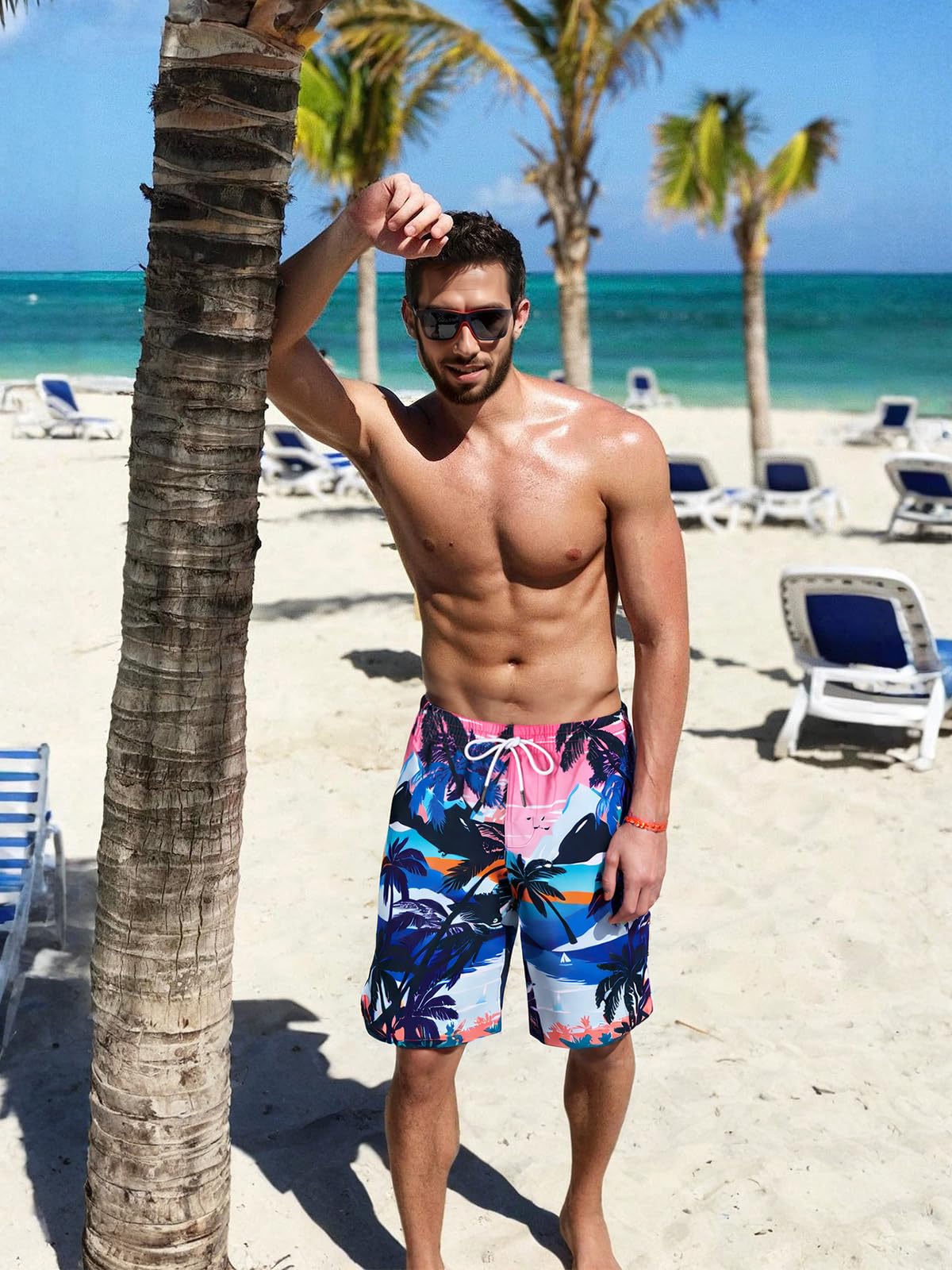 SURF CUZ 9" Mens Swim Trunks with Compression Liner Swimming Shorts 2 in 1 Stretch Quick Dry Zipper Pockets,Paradise Palms,L