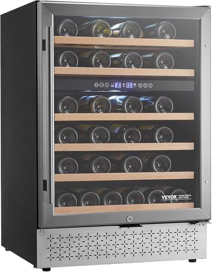 VEVOR Wine Cooler, 46 Bottle Dual Zone Wine Fridge, Built-in & Freestanding Fridge with Glass Door, Adjustable Shelves, Digital Temperature Control, Wine Cooler Refrigerator for Home, Office, Bar
