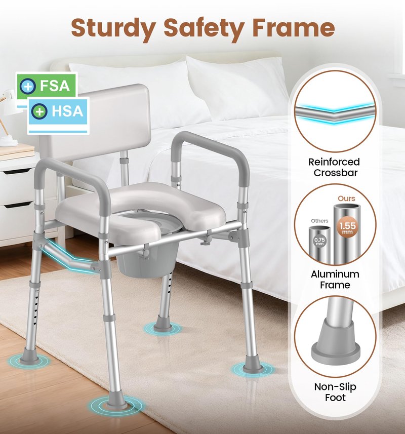 soundfuse Bedside Commode Toilet, Padded Seat and Backrest, Aluminum Frame
