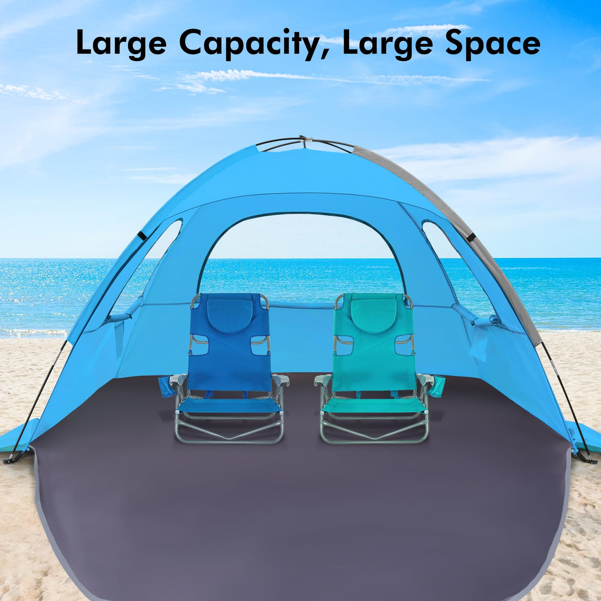 WhiteFang Beach Tent Anti-UV Portable Sun Shade Shelter for 4 Person, Extendable Floor with 3 Ventilating Mesh Windows Plus Carrying Bag, Stakes and Guy Lines (Blue)