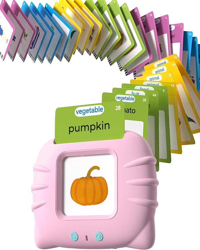 Talking Flash Cards for Toddlers 1 2 3 4 Year Olds, Montessori Language Learning with 224 Words, Pocket Speech Therapy Playthings, Children's Sensory Educational Device, Pink