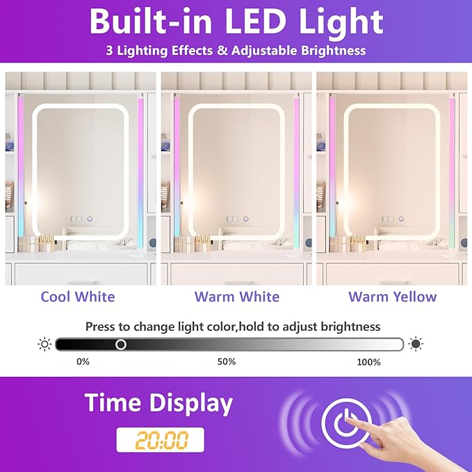 Fameill White Vanity Desk with Mirror,Makeup Vanity with RGB Lights & Power Strip,Makeup Desk Vanity Table with 5 Drawers Lots Storage & Time Display,3 Lighting Modes LED Lighted Mirror,41.3in(L)
