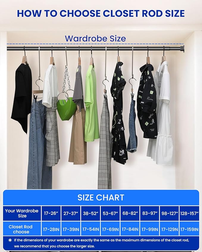 Supforce Closet Rods for Hanging Clothes, 17 to 84 Inches Stepless Adjustable Metal Closet Rod, 1.3 Inches Heavy Duty Clothes Hanging Rod for Closet Wardrobes Laundry RV, Black