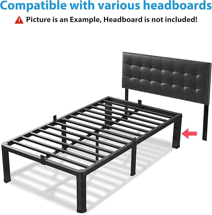 18 Inch Twin Size Bed Frame, 3500Lbs Heavy Duty Metal Platform with Round Corner Legs Mattress Slide Stopper, Steel Slat Support No Box Spring Needed, Noise Free, Non-Slip, Easy Assembly