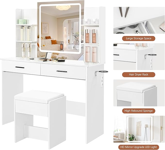 Vanity Desk with Mirror and Lights, 3-Color Lights Adjustable Brightness, White Vanity Makeup Desk with Drawer & Charging Station, Large Dressing Table Make Up for Bedroom